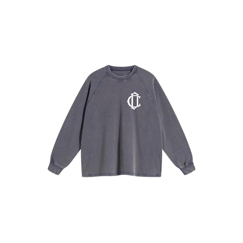 Long Sleeve Waffle  Emblem T Shirt - Faded Grey
