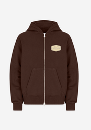 Embroidered Logo Patch Zip Hoodie - Brown