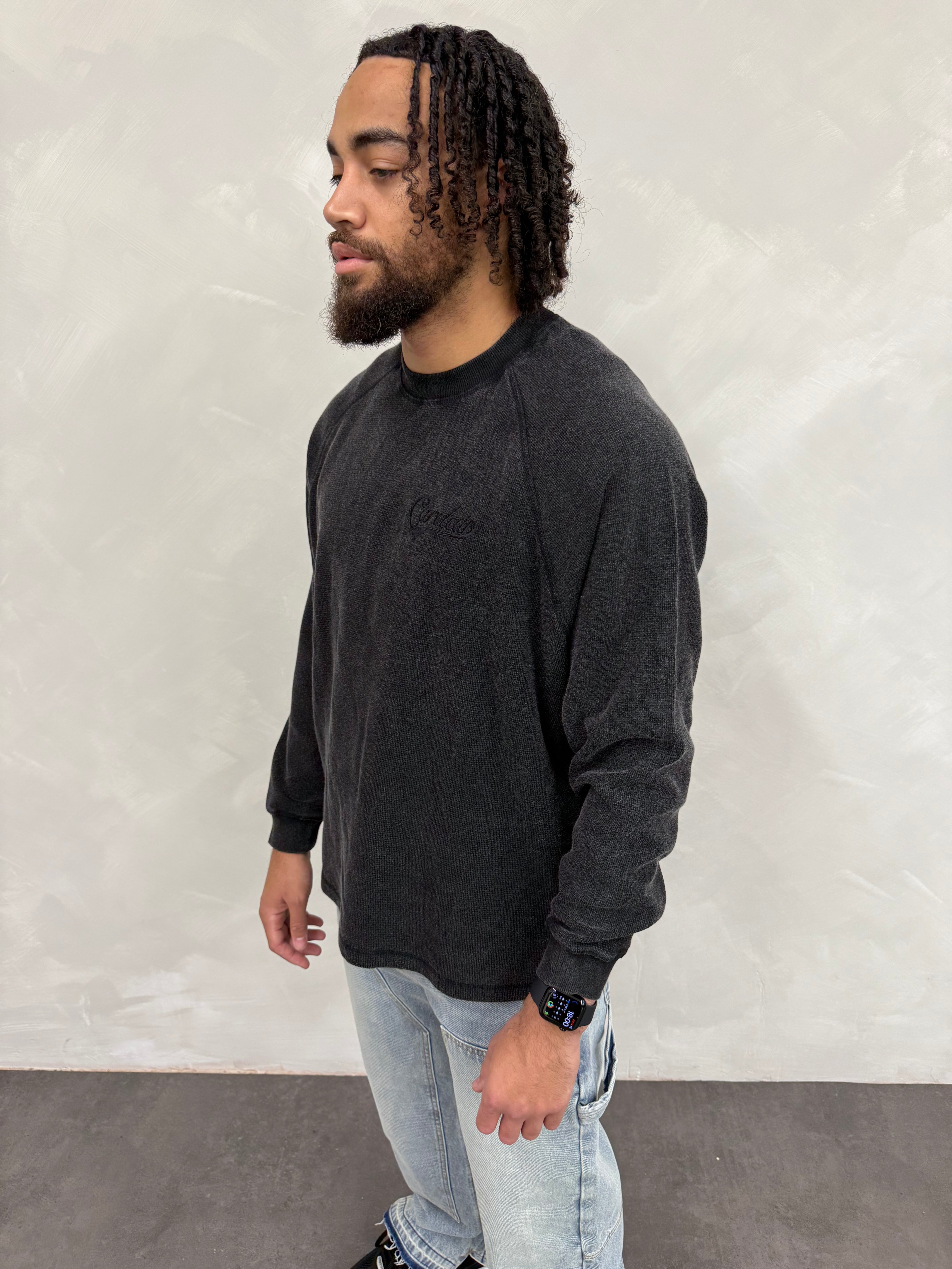 Long Sleeve Waffle T Shirt - Faded Black