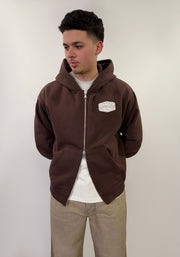 Embroidered Logo Patch Zip Hoodie - Brown