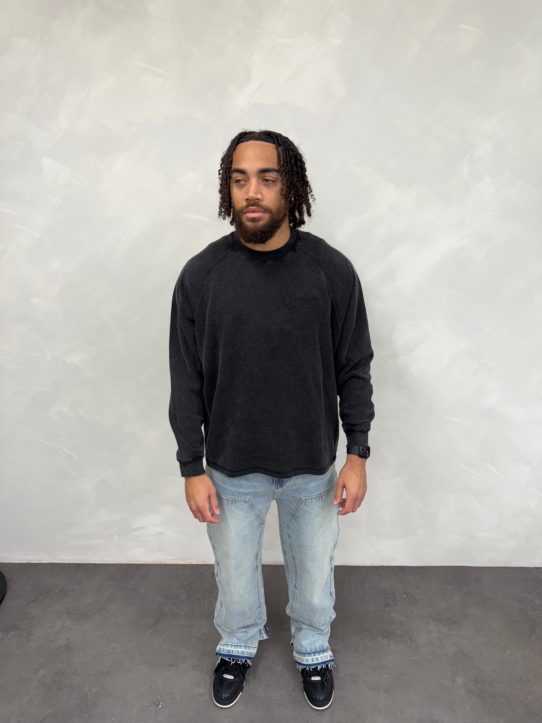 Long Sleeve Waffle T Shirt - Faded Black