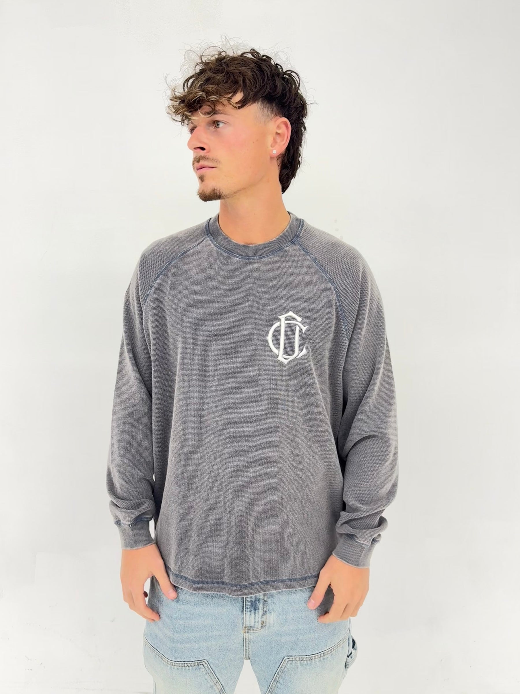 Long Sleeve Waffle  Emblem T Shirt - Faded Grey