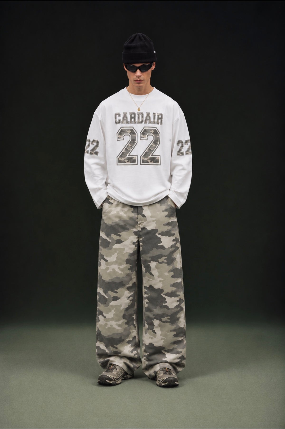 Camo Varsity Long Sleeve T Shirt - White