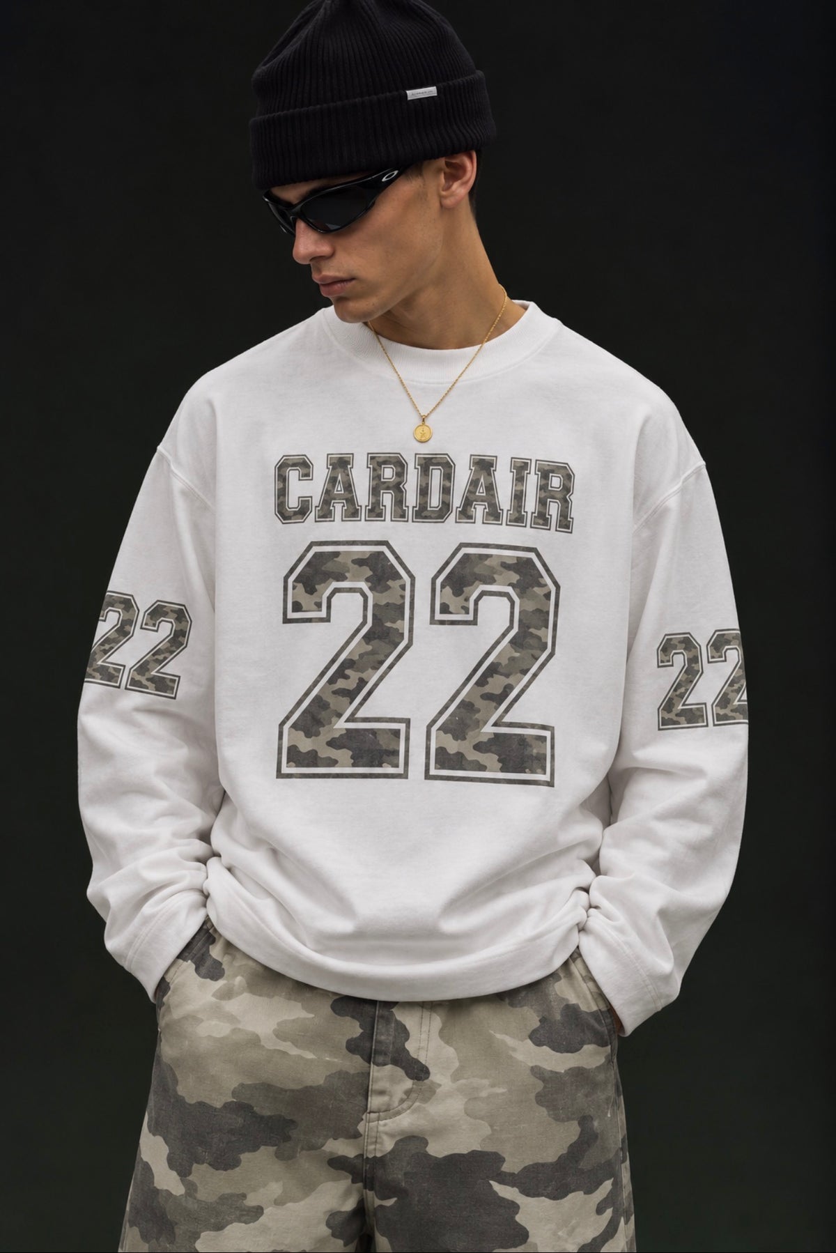 Camo Varsity Long Sleeve T Shirt - White