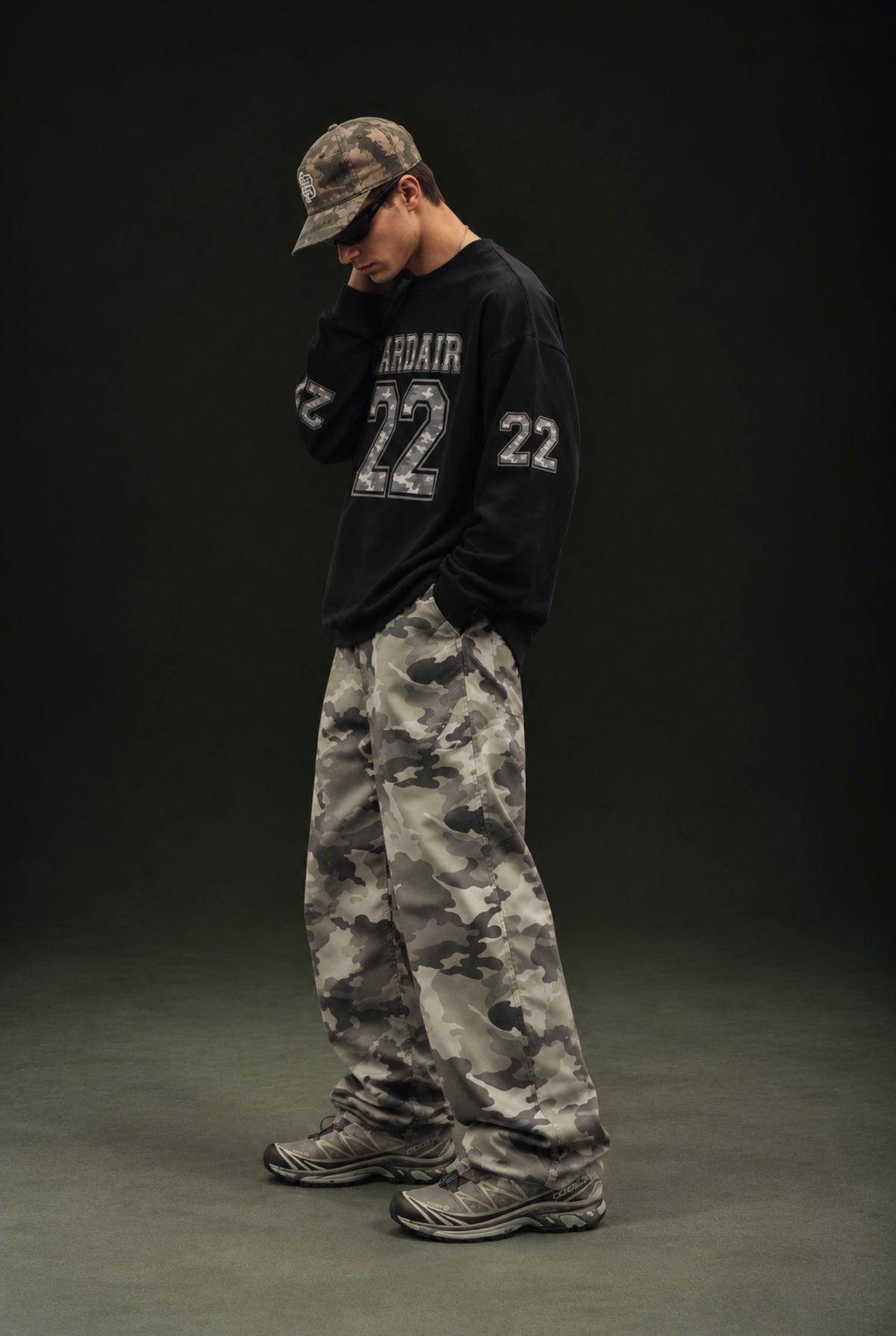 Camo Varsity Long Sleeve T Shirt - Black
