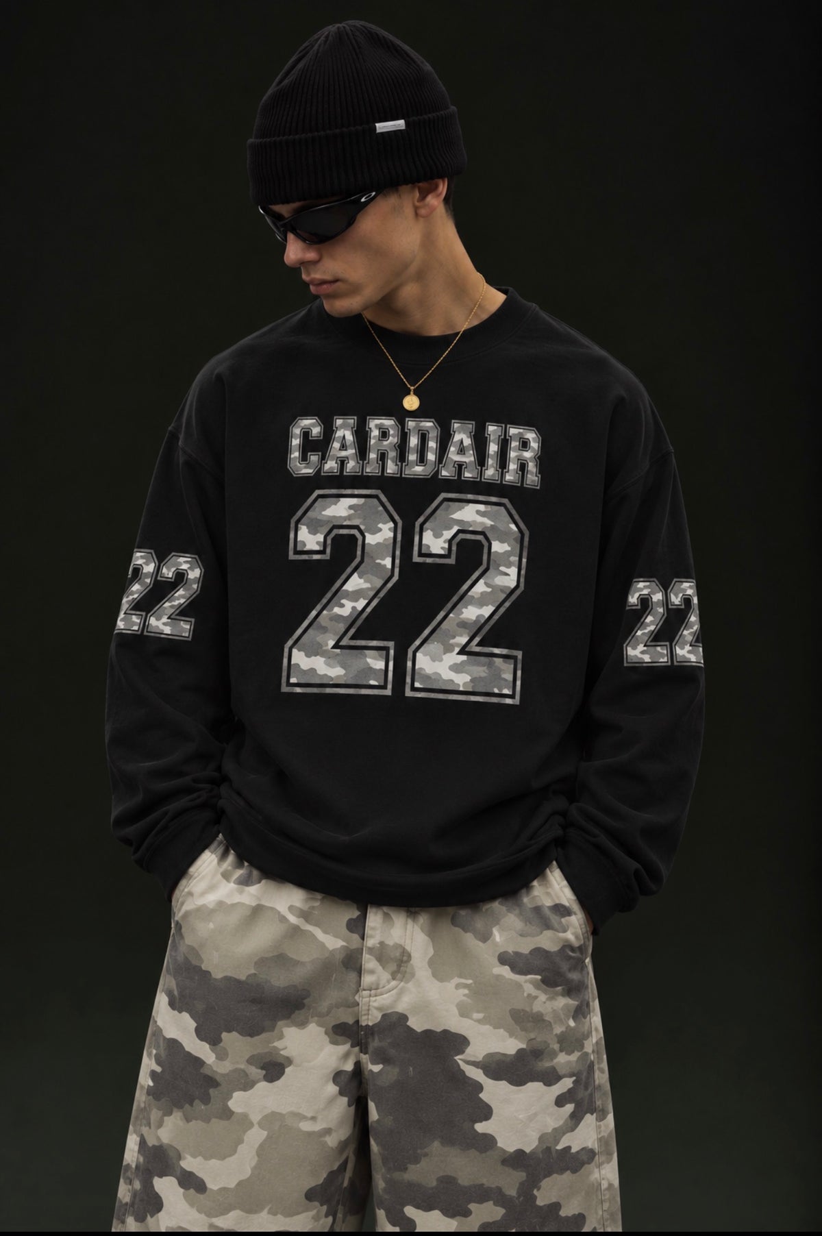 Camo Varsity Long Sleeve T Shirt - Black